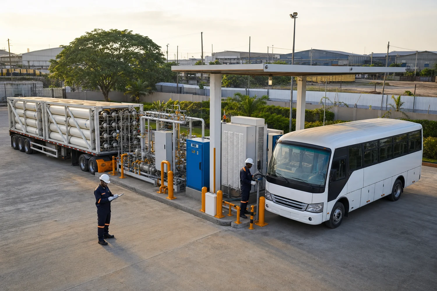 Illustrative compact CNG daughter station refuelling a bus beside a trailer bay