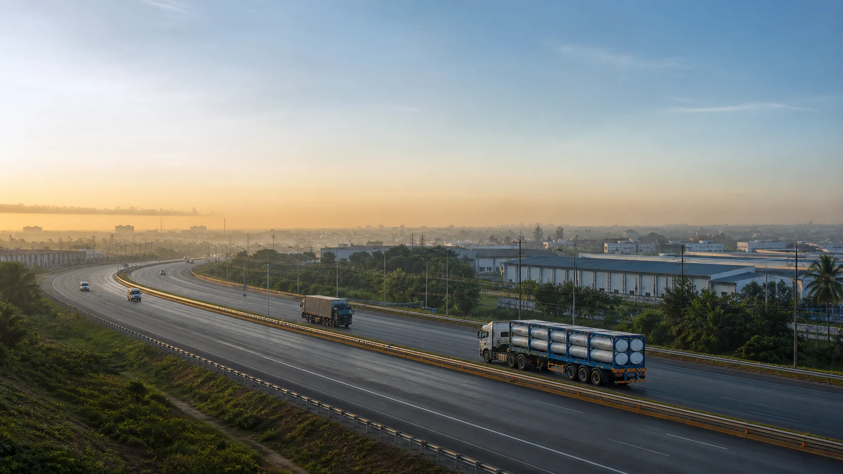 Illustrative highway corridor at dawn with a gas transport trailer passing industrial buildings